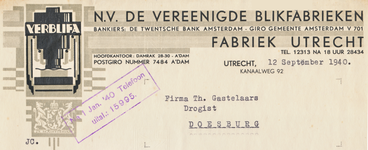 710298 Kop van een nota van de VERBLIFA, N.V. De Vereenigde Blikfabrieken, Fabriek Utrecht, Kanaalweg 92 te Utrecht. ...